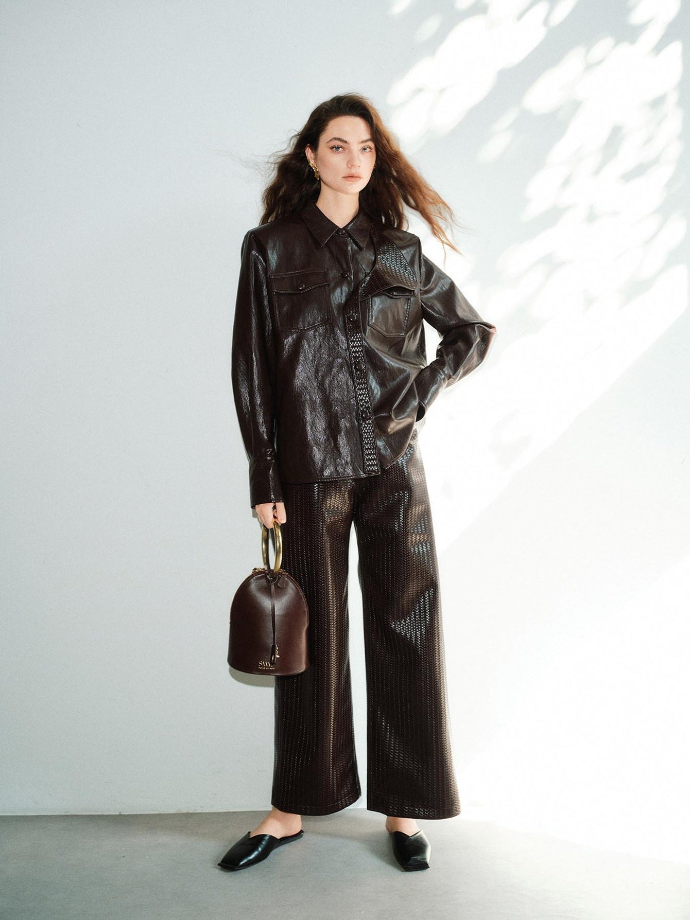 audreyyang Pu Faux Leather Casual Natural Waist Zip Fly Women Straight Pants