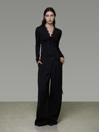 unspoken Breathable Lyocell Lace Slim Fit V-neck Long Sleeve Women Black Blouses