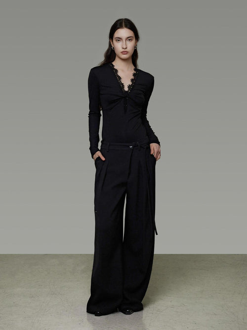 unspoken Breathable Lyocell Lace Slim Fit V-neck Long Sleeve Women Black Blouses