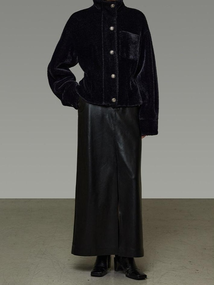 unspoken High Waist Textured H Line Straight Minimalist Workwear Black Midi Skirts