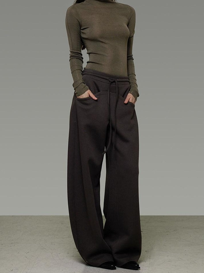 unspoken Breathable Cotton High Waist Tie Waist Minimalist Women Brown Wide Leg Pants