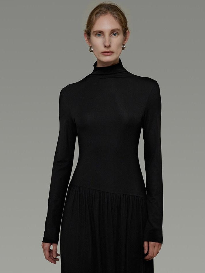 unspoken Modal Knit Turtleneck Slim Waist Long Sleeve City Workwear Black Maxi Dresses