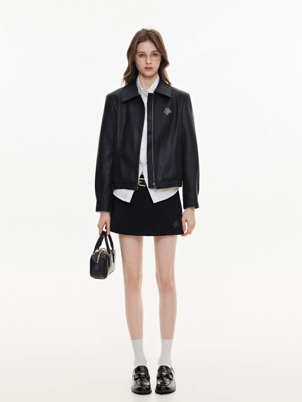 ikyou Glossy Slim Fit Androgynous Pu Black Short Lapel Zipper Daily Leather Jackets
