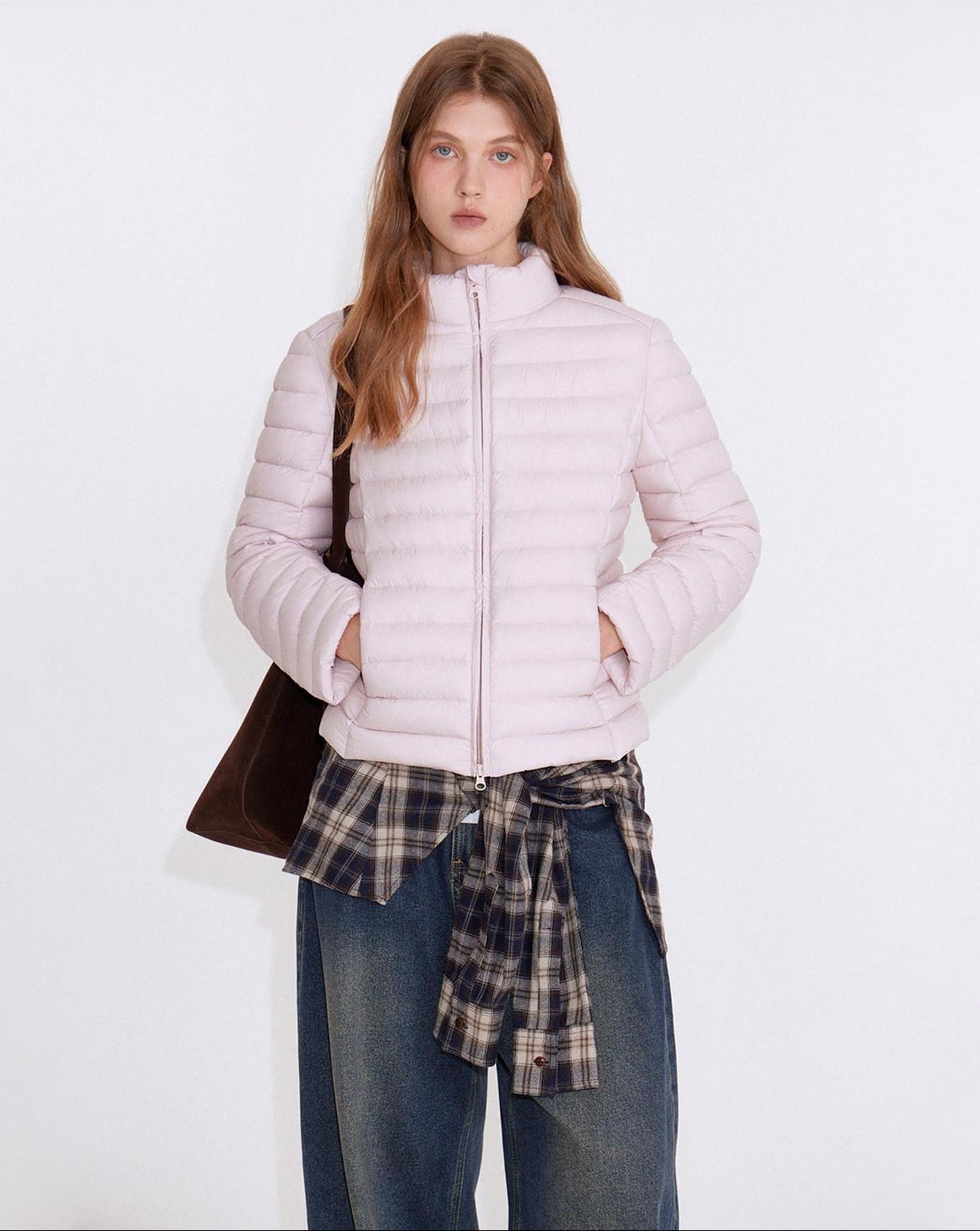 fano 90% White Duck Down Warm Slim Short Stand Collar Zipper Pink Down Jackets