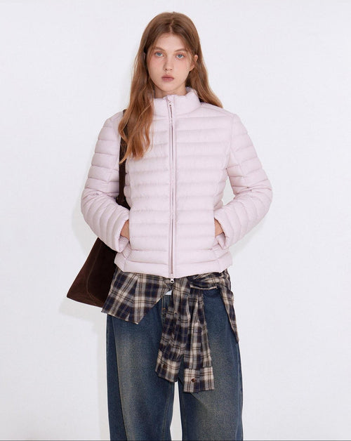 fano 90% White Duck Down Warm Slim Short Stand Collar Zipper Pink Down Jackets