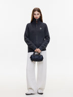 ikyou Warm Wool Blend Stand Collar Zip Loose Commuter Knit Women Deep Gray Cardigans