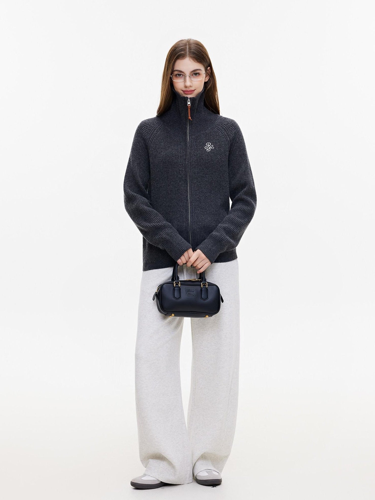 ikyou Warm Wool Blend Stand Collar Zip Loose Commuter Knit Women Deep Gray Cardigans
