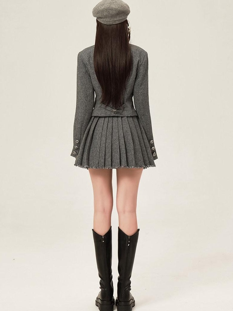 ikyou Tassel Button Slim Fit Square Neck Long Sleeve Work Gray Brown Top & Skirt Sets