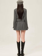 ikyou Tassel Button Slim Fit Square Neck Long Sleeve Work Gray Brown Top & Skirt Sets