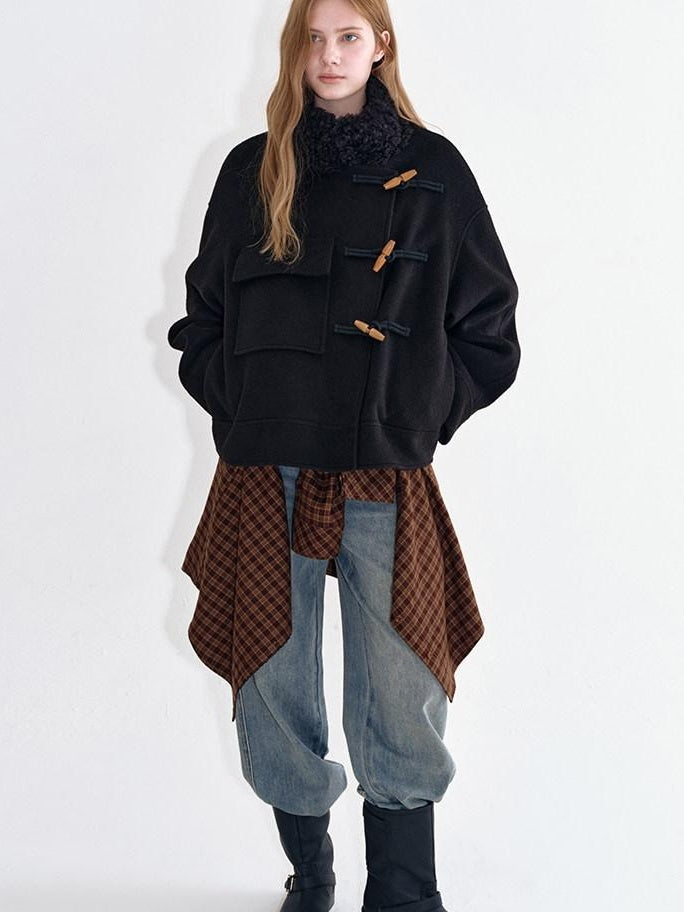 fano Soft Wool Blend Korean Oversized Lapel Collar Women Office Black Solid Short Coat