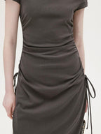 fano Soft Cotton Knit High Waist A Line Button Mock Neck Midi Dresses