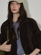 Lofi choose Zip Front Loose Fit Commuter Office Long Sleeve Dark Brown Women Cropped Jackets