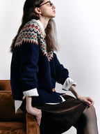 fano 100 Percent Wool Loose Fit Button Front Commuter Crew Neck Knit Cardigans