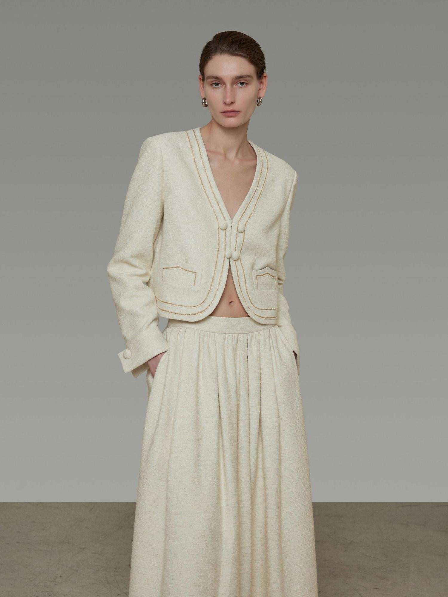 unspoken Cropped V-neck Blazer Tailored Slim High Waist Cotton Office Top & Skirt Sets