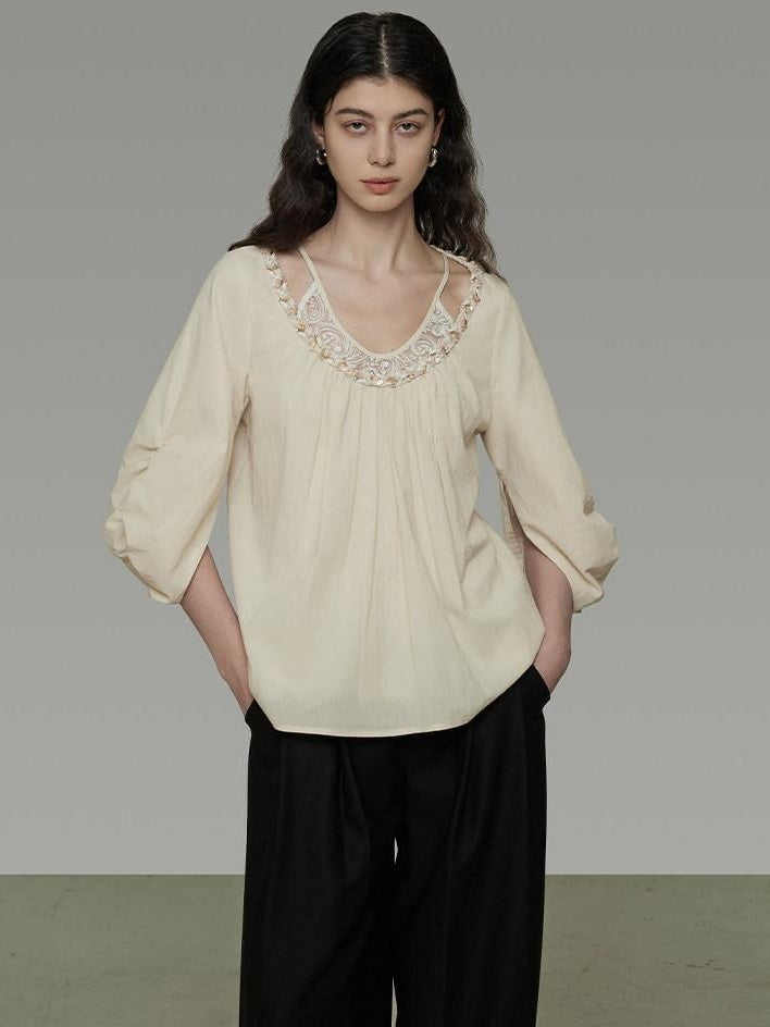 unspoken Durable 100% Cotton Original Relaxed Round Neck Women Beige Solid Blouses