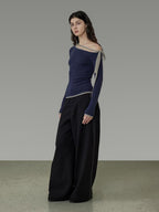 unspoken Tie Detail Slim Knit Pullover Asymmetrical Collar Office Viscose Blouses