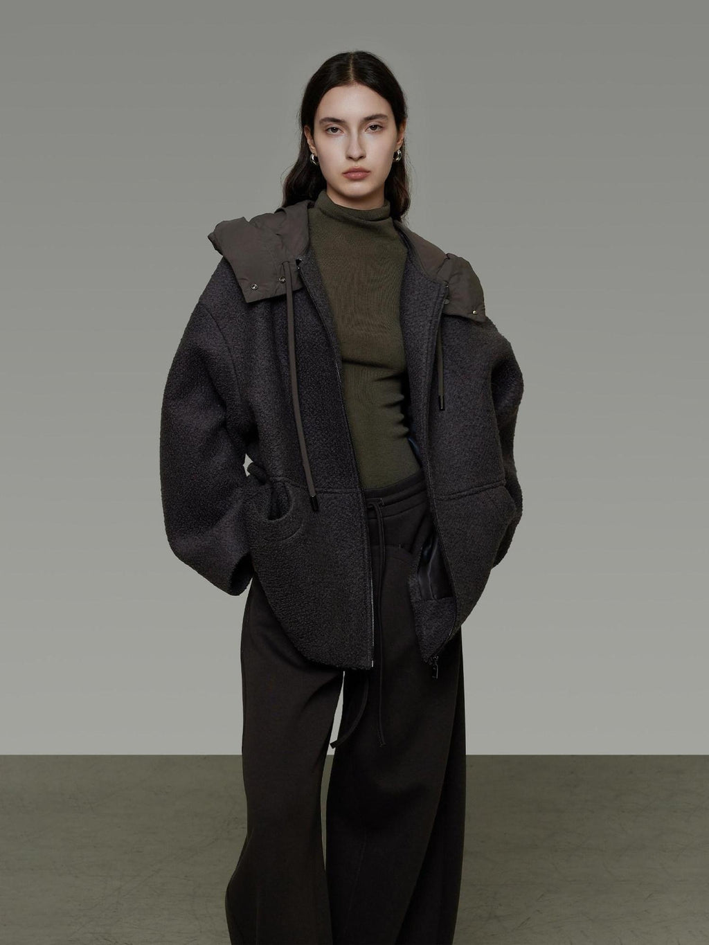 unspoken Premium Lambswool Hooded Relaxed Fit Minimal Commuter Zipper Gray Wool Coats