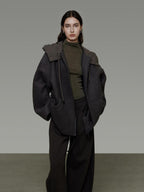 unspoken Premium Lambswool Hooded Relaxed Fit Minimal Commuter Zipper Gray Wool Coats
