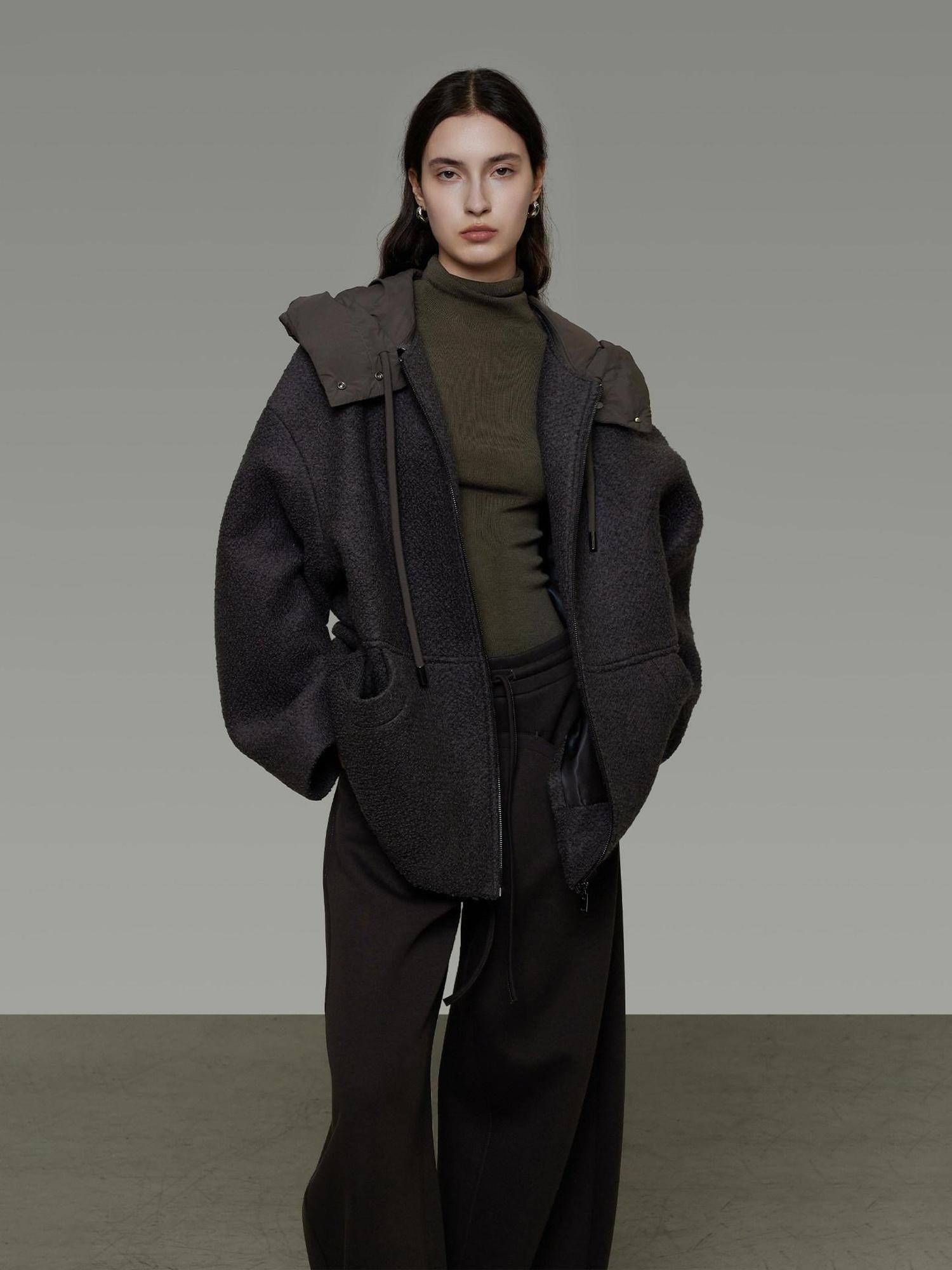 unspoken Premium Lambswool Hooded Relaxed Fit Minimal Commuter Zipper Gray Wool Coats