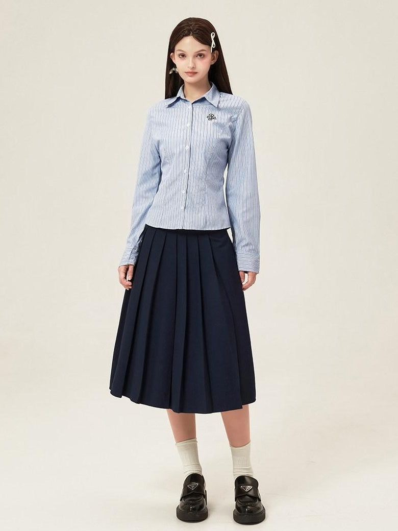 ikyou Embroidered Slim Commuter Square Neck Striped Long Sleeve Cotton Blend Shirts
