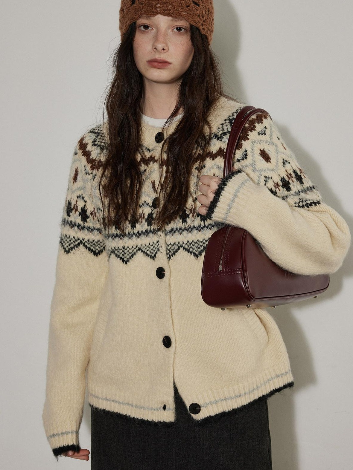 Lofi choose Soft Thick Knit Retro Geometric Button Front Round Neck Women Cream Cardigans