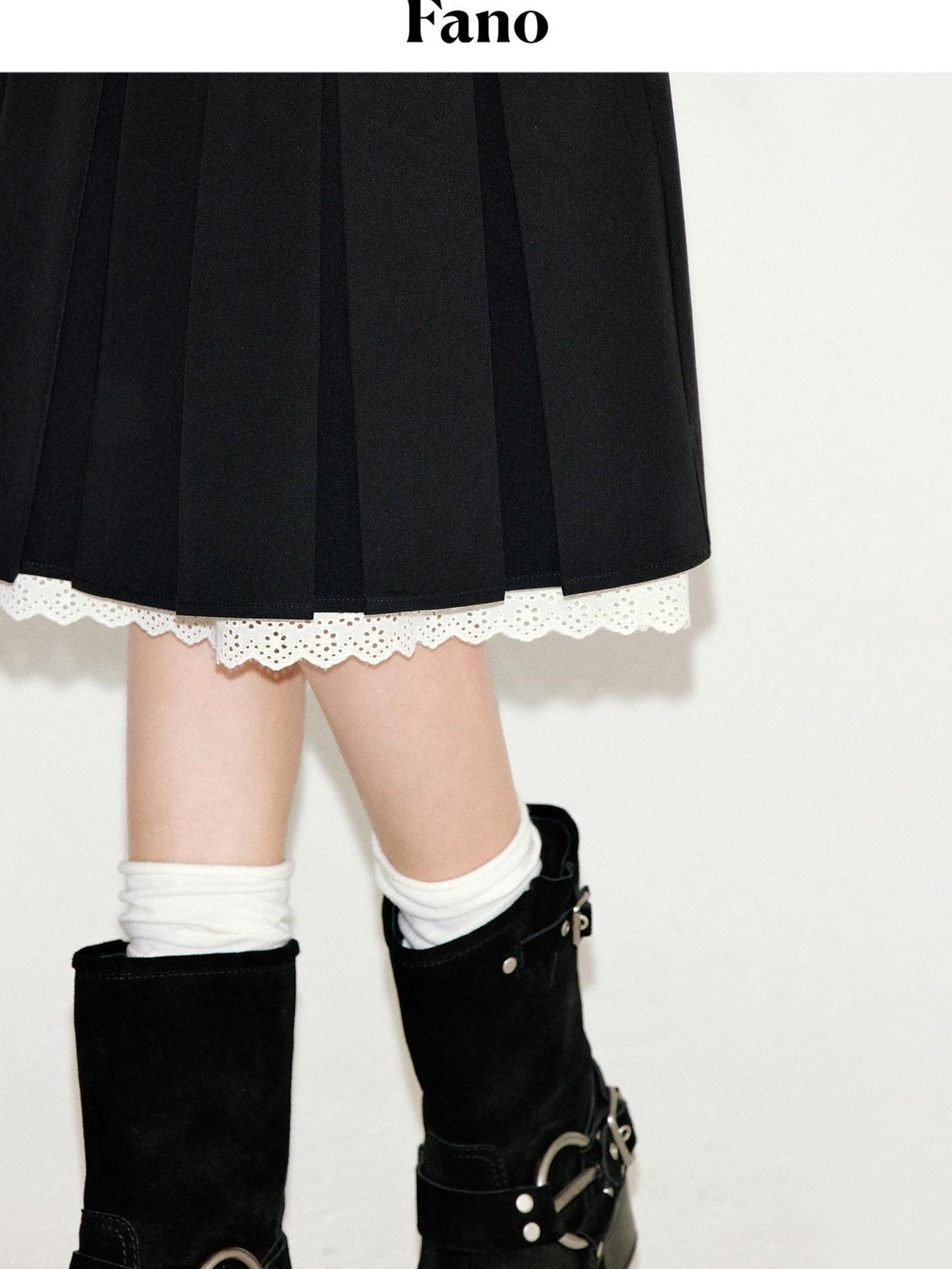 fano Sweet Lace Pleated Mid Waist Paneled Casual Women Black Midi Skirts