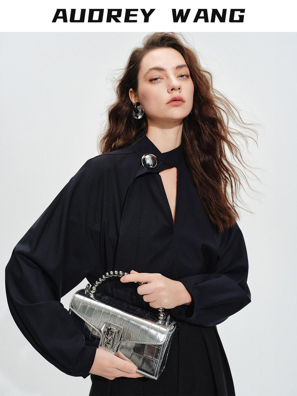 audreyyang Shape Retaining Loose Long Lantern Sleeve Pullover Navy Polyester Women Blouses