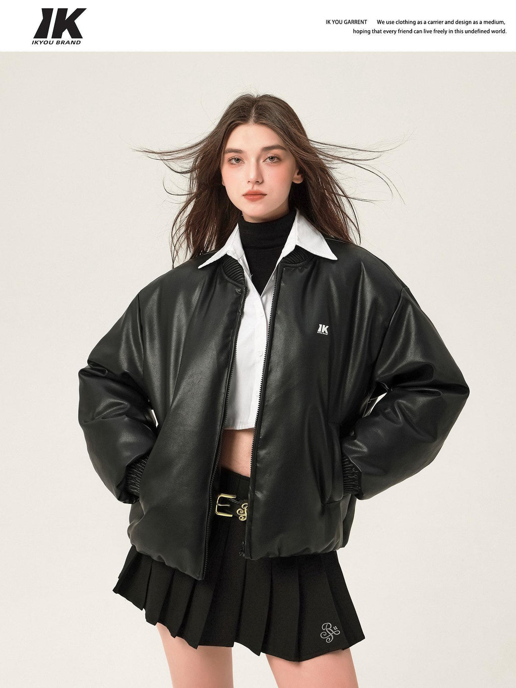 ikyou Thick Pu Minimal Commuter Straight Fit Stand Collar Black Leather Jackets