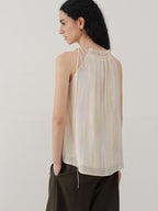 someone sometimes Original Mesh Patchwork Epaulette Loose Striped Women Halter Crop Tops