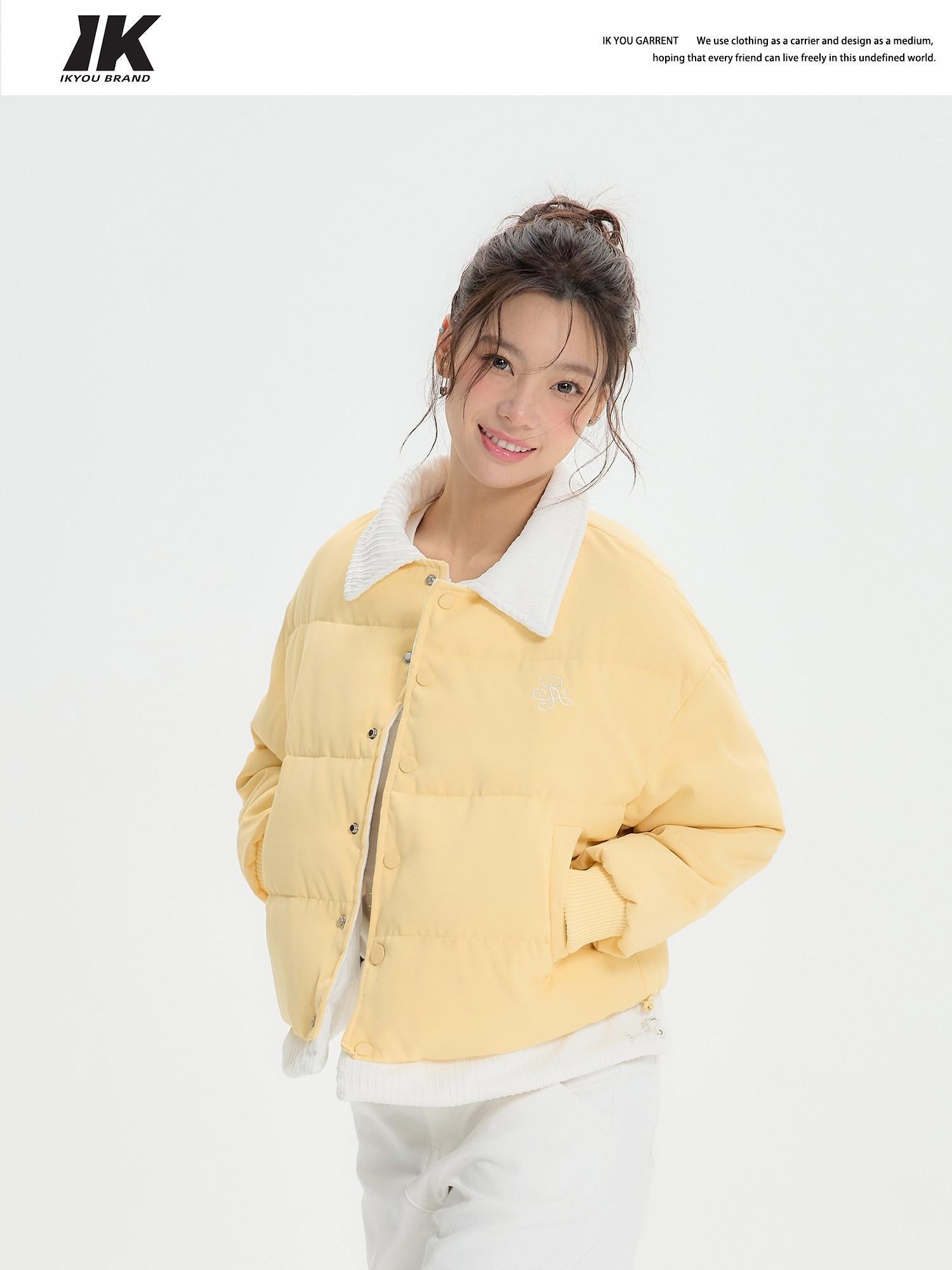 ikyou Thick Embroidered Patchwork Minimal Straight Crop Polo Yellow Puffer Jackets