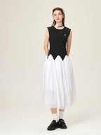 ikyou Office Minimal 3D Detail A Line Sleeveless Round Neck Black White Maxi Dresses