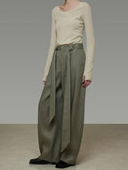 unspoken Sexy High Waist Striped Drawstring Straight Hem Office Breathable Wide Leg Pants