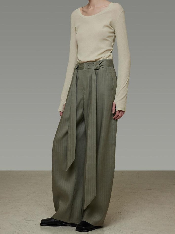 unspoken Sexy High Waist Striped Drawstring Straight Hem Office Breathable Wide Leg Pants