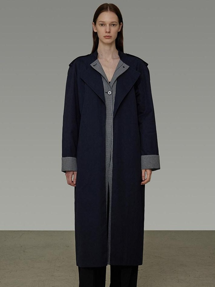 unspoken Minimal Navy Plaid Single Breasted Midlength Relaxed Women Trench Coats