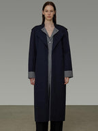 unspoken Minimal Navy Plaid Single Breasted Midlength Relaxed Women Trench Coats