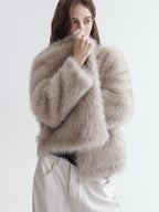 fano Warm Faux Fur Lined Oversized Stand Collar Casual Women Grey Apricot Short Coat
