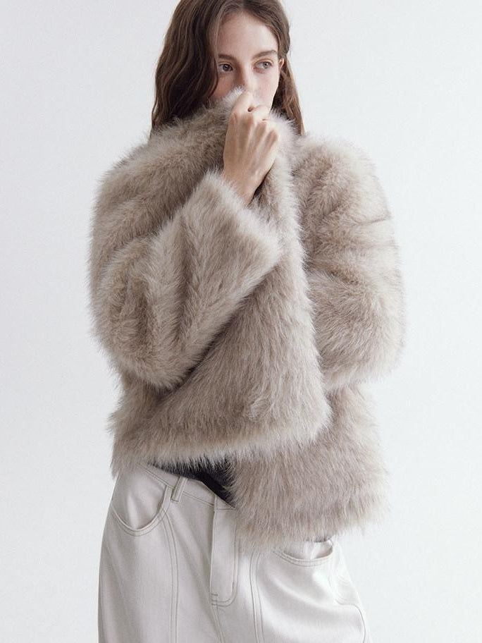 fano Warm Faux Fur Lined Oversized Stand Collar Casual Women Grey Apricot Short Coat