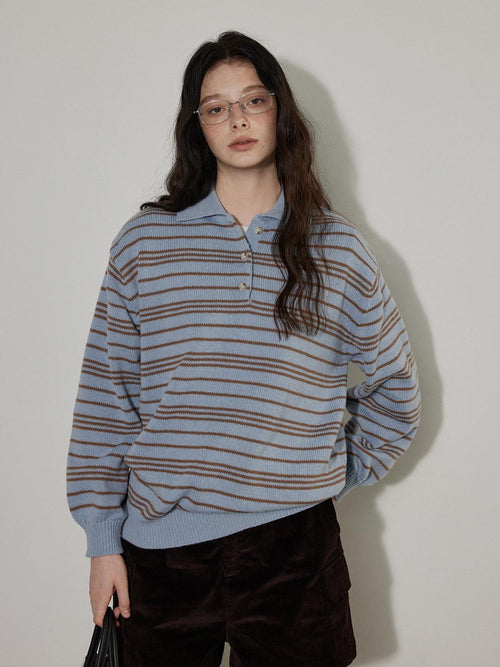 Lofi choose Cozy Striped Polo Collar Loose Fit Knit Pullover Workwear Acrylic Sweaters