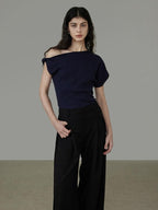 unspoken 3D Detail Slim Fit Minimal Commuter Asymmetric Neck Navy Off Shoulder Crop Tops