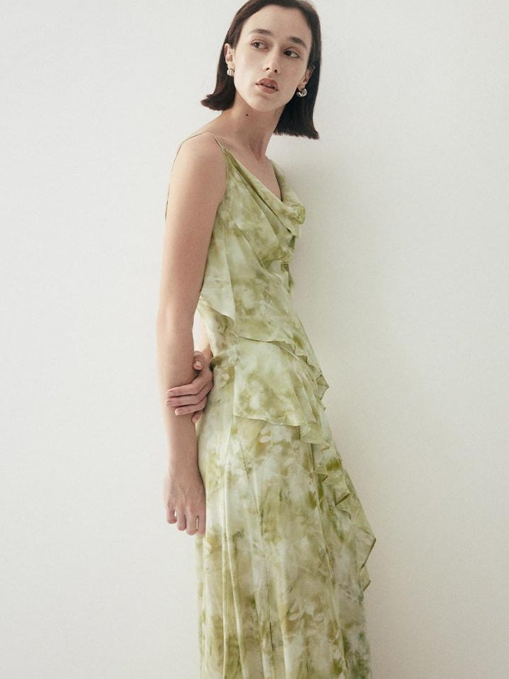 someone sometimes Viscose Asymmetric Ruffle Hem Cinched Waist Aline Lake Green Maxi Dresses