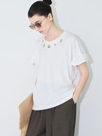 audreyyang Pure Cotton Loose Fit Casual Round Neck Women White Navy Short Sleeve T-Shirts