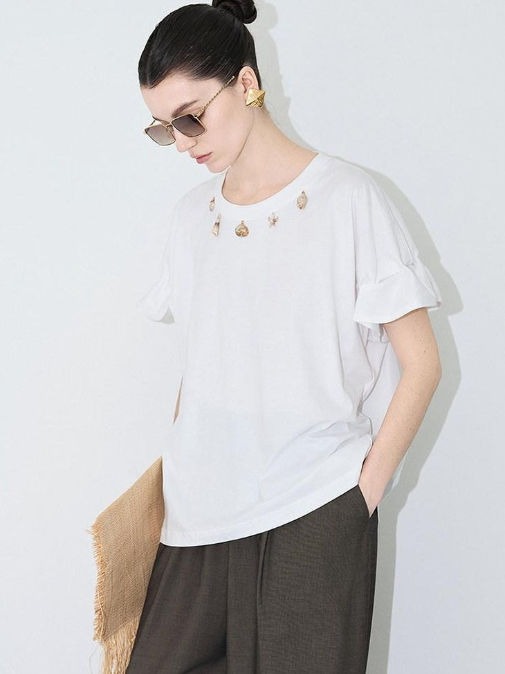 audreyyang Pure Cotton Loose Fit Casual Round Neck Women White Navy Short Sleeve T-Shirts