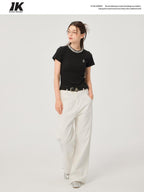 ikyou Durable Cotton Blend Slim Fit Short Sleeve Crewneck Women Black Basic Crop Tops