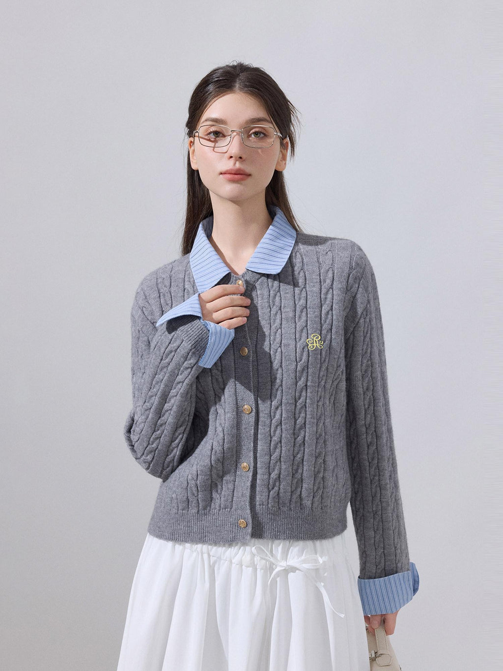 ikyou Soft Preppy Slim Faux Layer Women Casual Long Sleeve Crewneck Grey Cardigans
