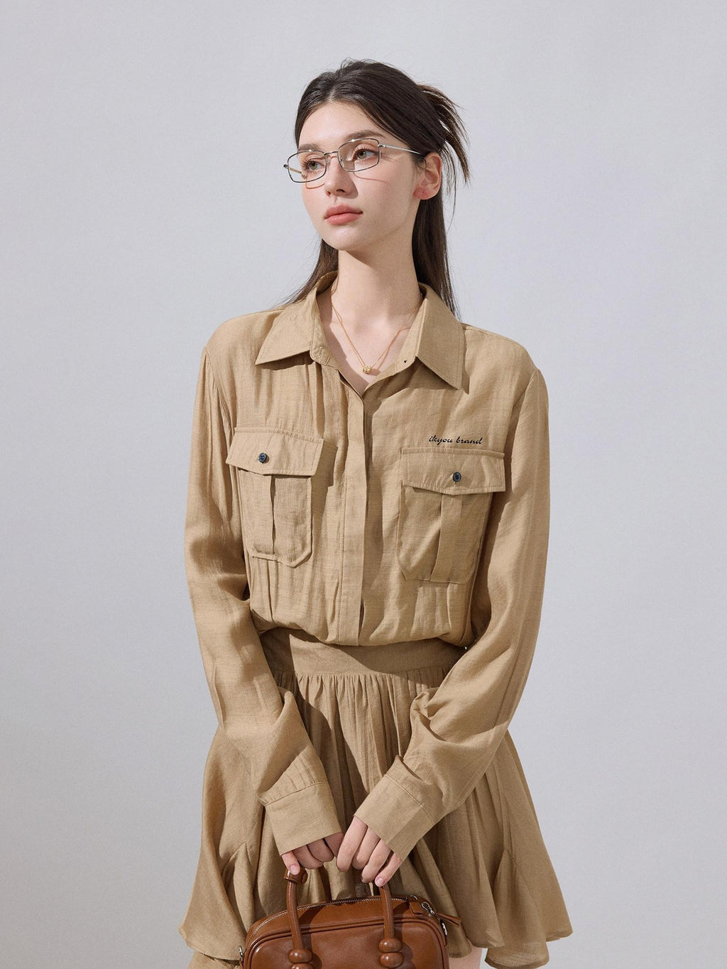 ikyou Cooling Soft Viscose Embroidered A Line Cinched Waist Office Khaki Midi Dresses