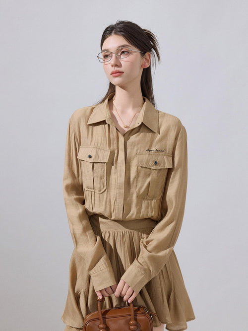 ikyou Cooling Soft Viscose Embroidered A Line Cinched Waist Office Khaki Midi Dresses