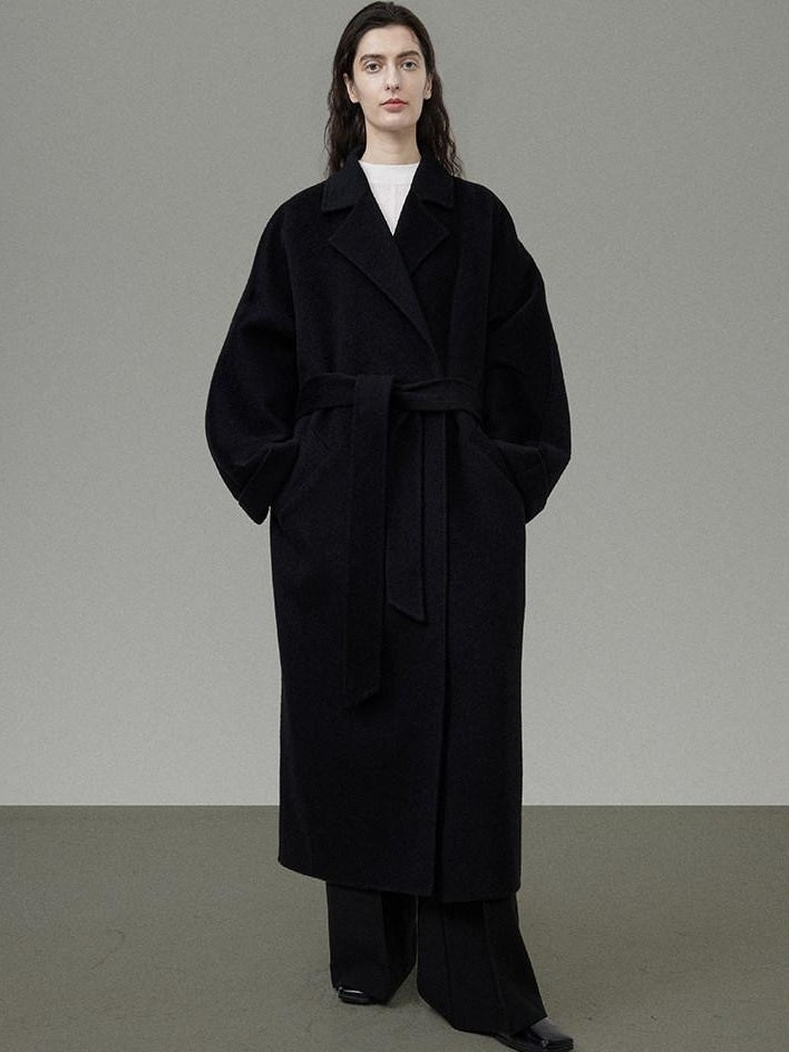 unspoken 100 Percent Wool Minimal Straight Long Tie Office Women Black Wool Coats