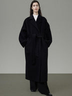 unspoken 100 Percent Wool Minimal Straight Long Tie Office Women Black Wool Coats