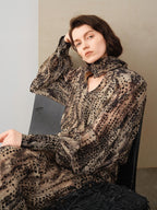 audreyyang Black Polka Dot Viscose Blend Puff Sleeve Cinched Waist Women Maxi Dresses