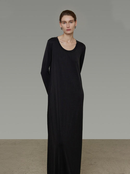 unspoken Breathable Knit Relaxed H Shape Loose Waist Long Sleeve Women Black Maxi Dresses